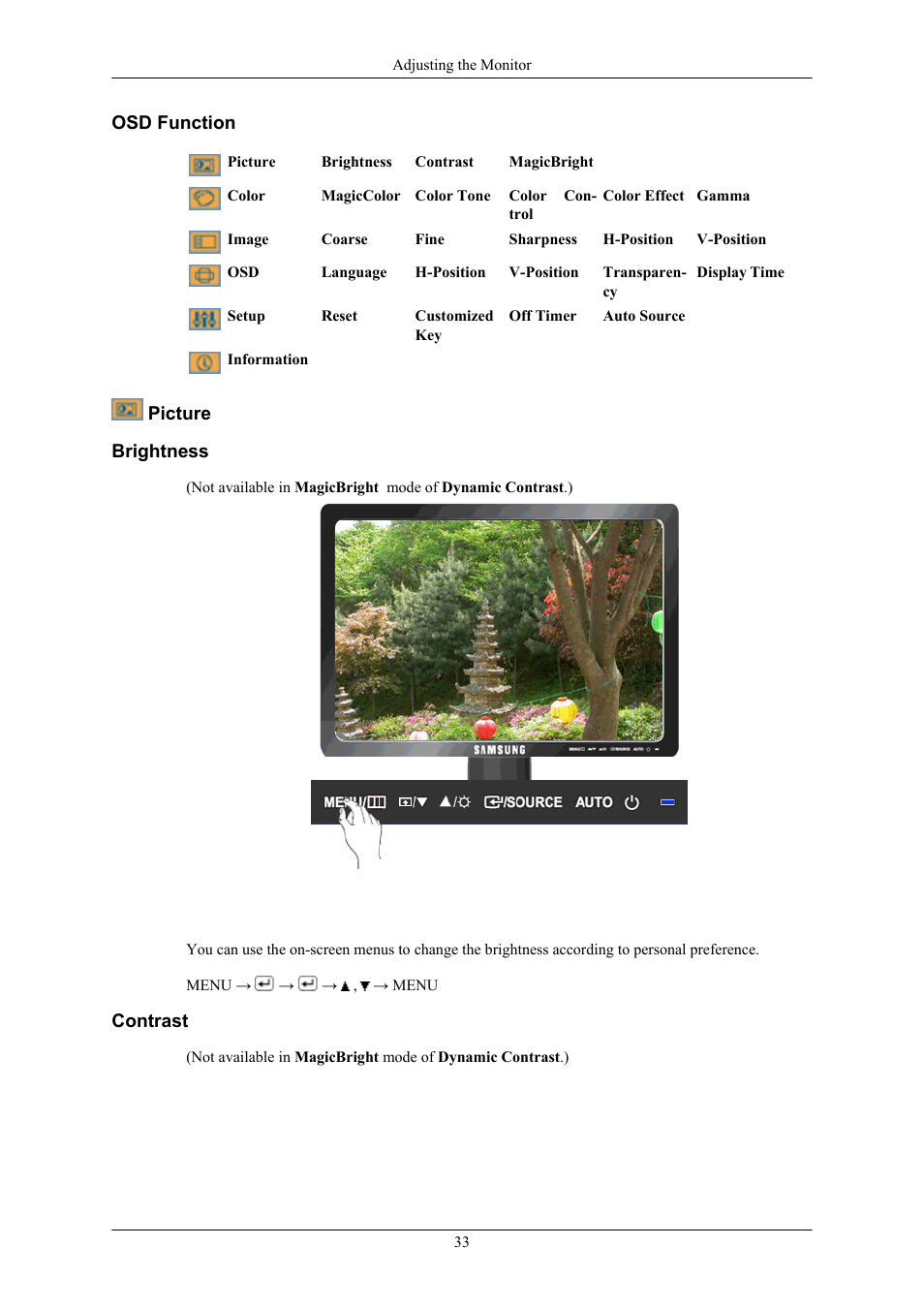 Osd function, Picture, Brightness | Contrast | Samsung LS19MYTRBQ-XAA User Manual | Page 34 / 67