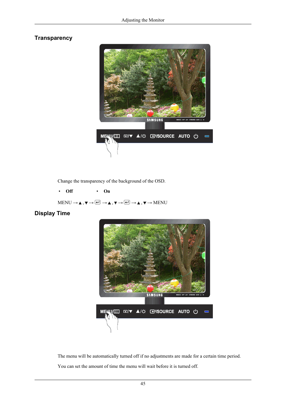 Transparency, Display time | Samsung LS19MYTRBQ-XAA User Manual | Page 46 / 67