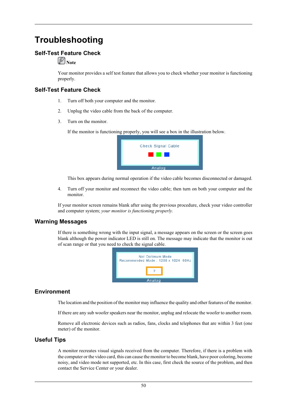 Troubleshooting, Self-test feature check, Warning messages | Environment, Useful tips | Samsung LS19MYTRBQ-XAA User Manual | Page 51 / 67