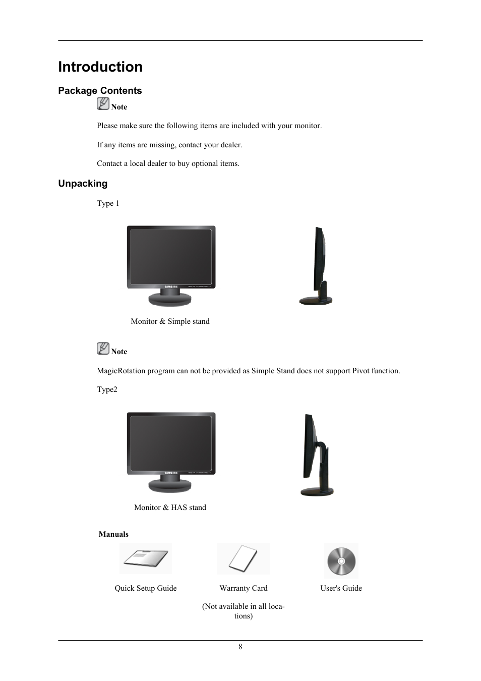 Introduction, Package contents, Unpacking | Samsung LS19MYTRBQ-XAA User Manual | Page 9 / 67