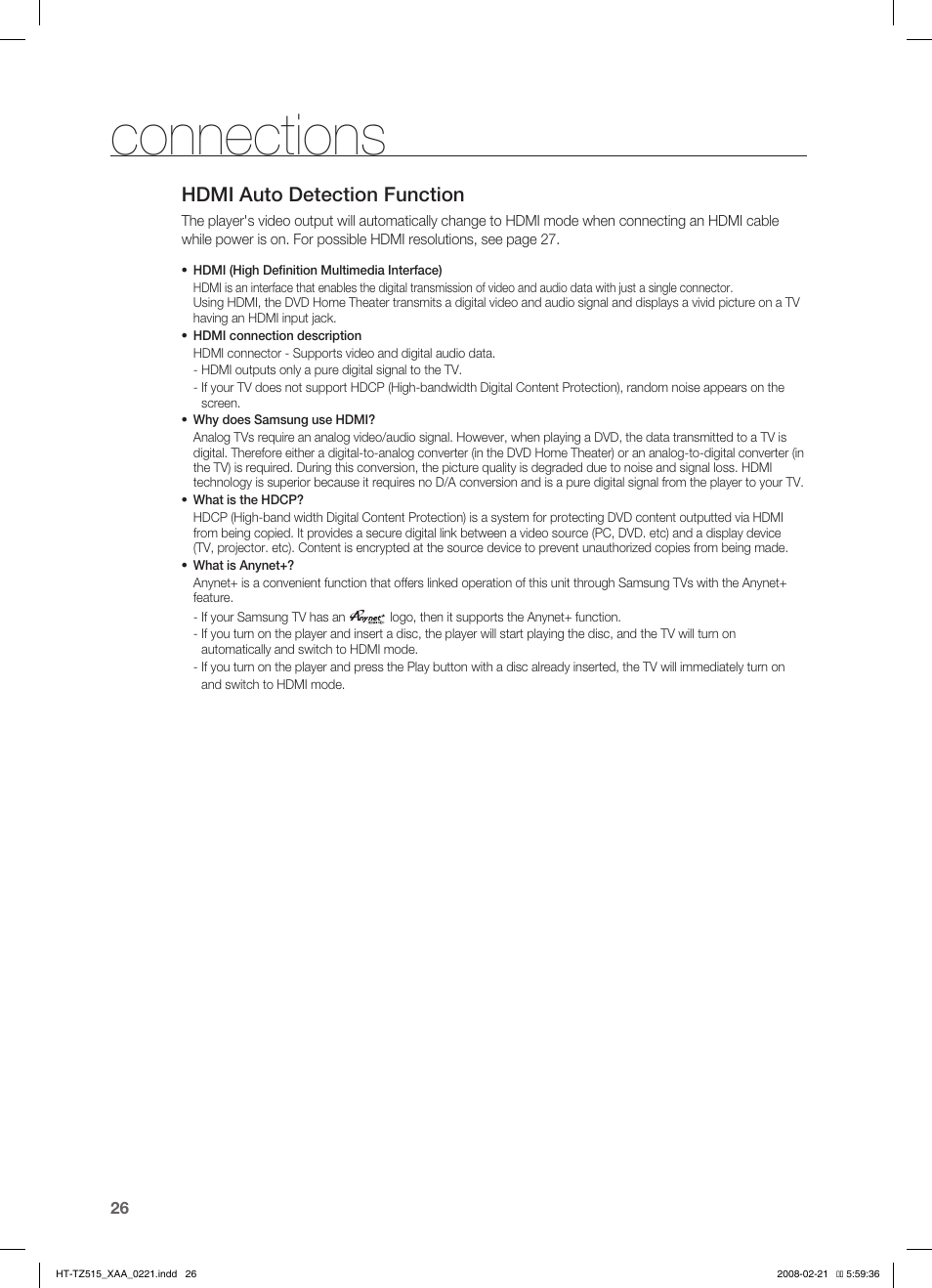 Hdmi auto detection function, Connections | Samsung HT-TZ515T-XAA User Manual | Page 27 / 78