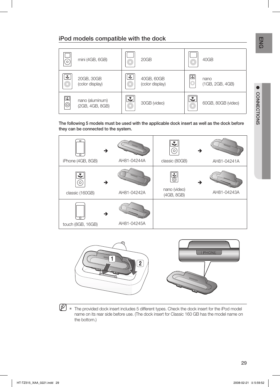 Ipod models compatible with the dock | Samsung HT-TZ515T-XAA User Manual | Page 30 / 78