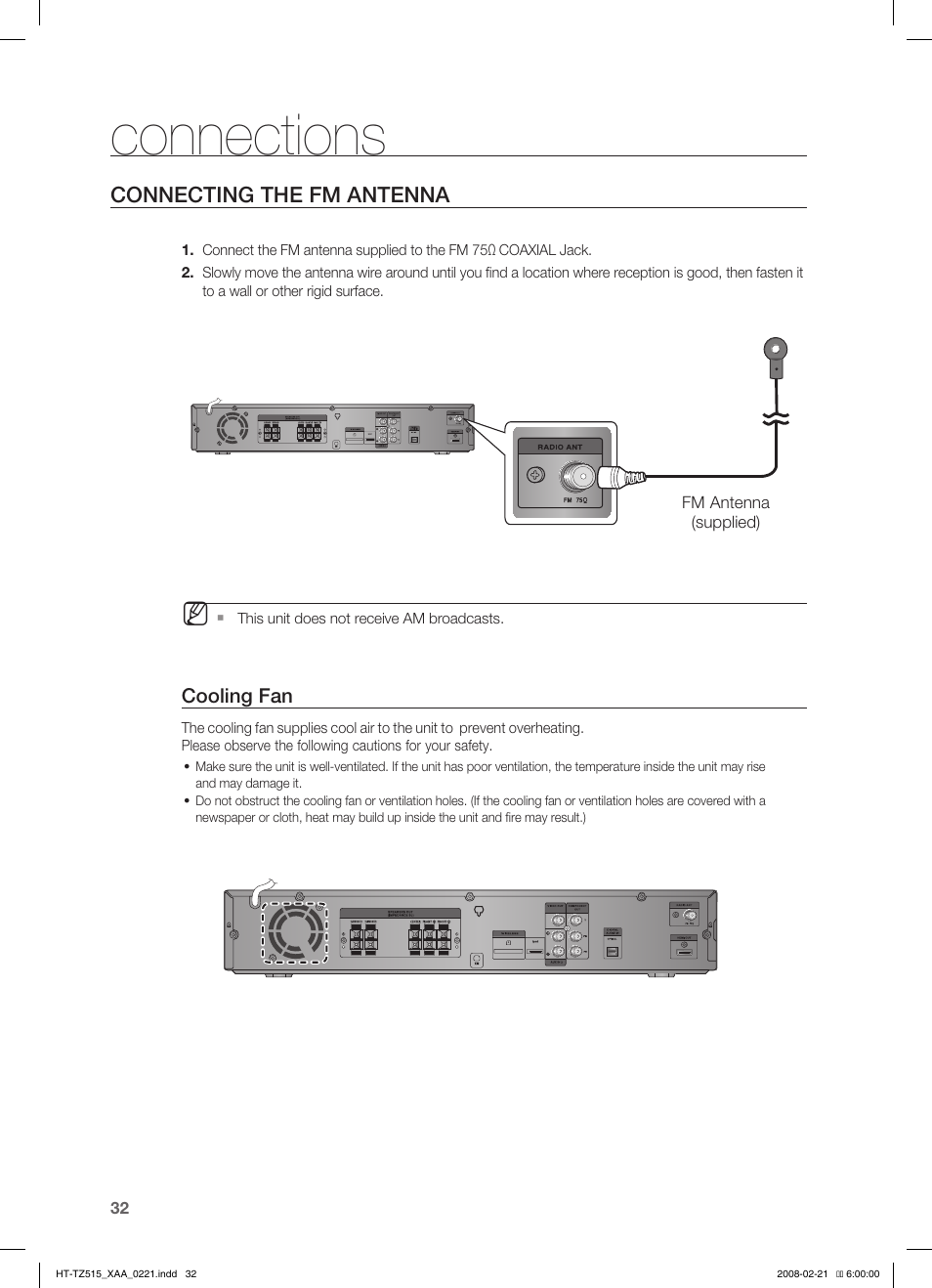 Conecting the fm antena, Connections, Connecting the fm antenna | Samsung HT-TZ515T-XAA User Manual | Page 33 / 78