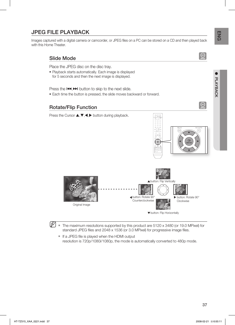 Jpeg file playback, Slide mode, Rotate/flip function | Samsung HT-TZ515T-XAA User Manual | Page 38 / 78
