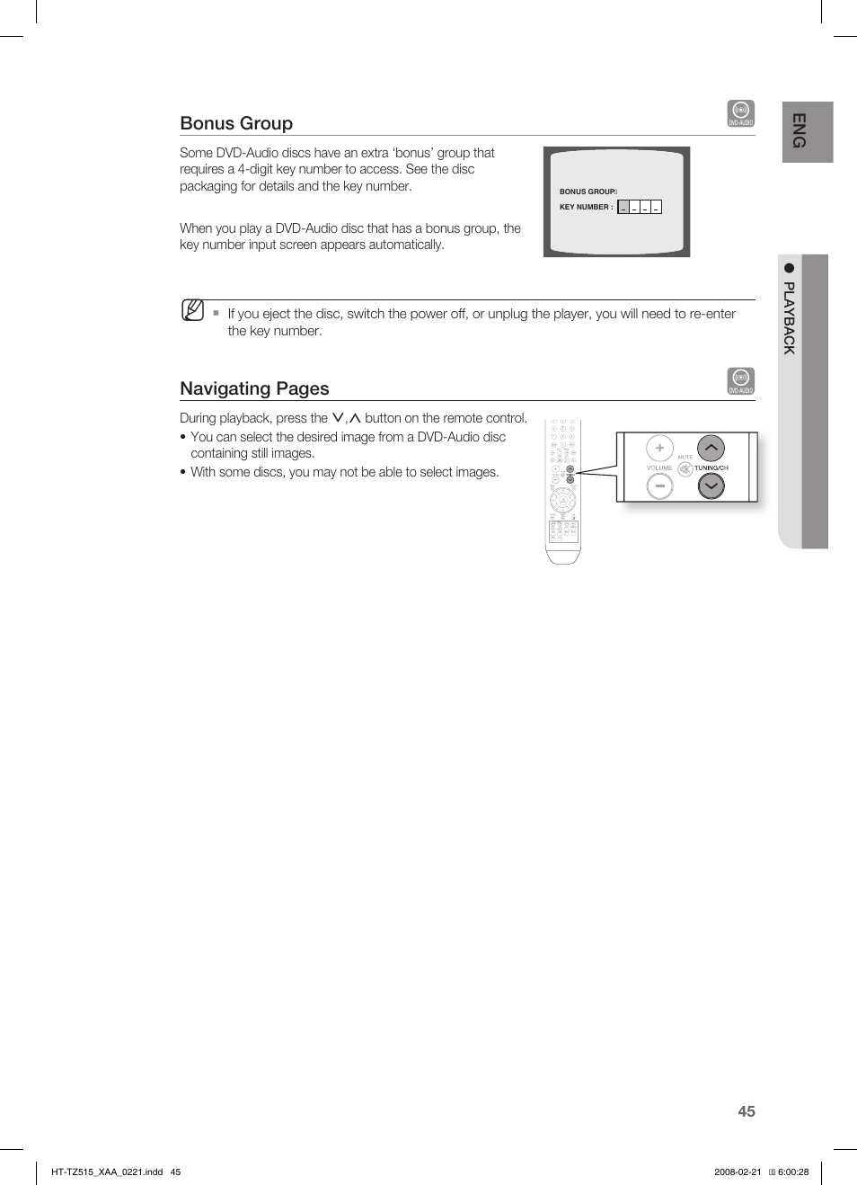 Bonus group, Navigating pages | Samsung HT-TZ515T-XAA User Manual | Page 46 / 78