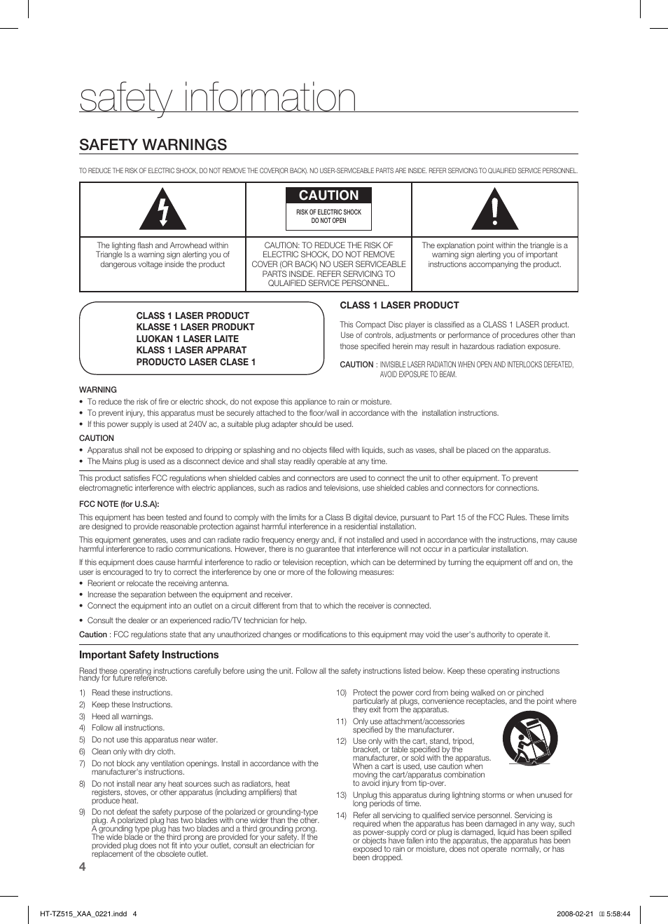Safety information, Safety warnings, Caution | Samsung HT-TZ515T-XAA User Manual | Page 5 / 78