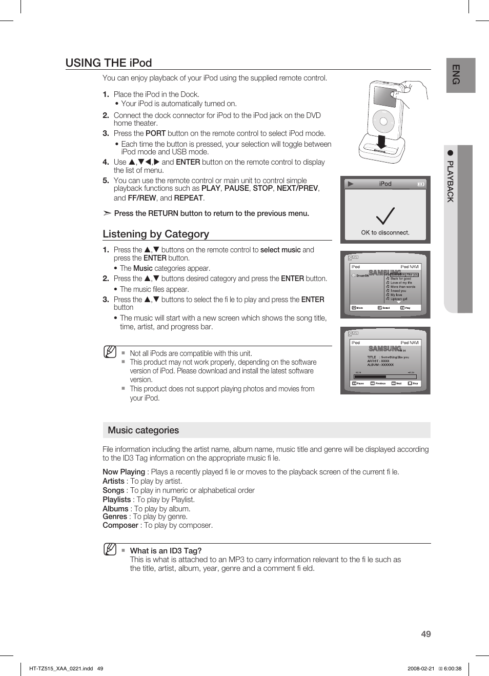 Using the ipod, Listening by category | Samsung HT-TZ515T-XAA User Manual | Page 50 / 78