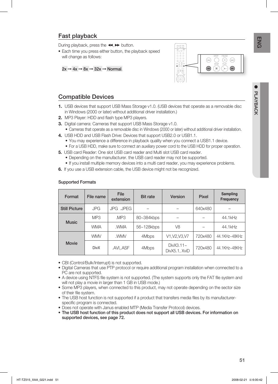Fast playback, Compatible devices | Samsung HT-TZ515T-XAA User Manual | Page 52 / 78