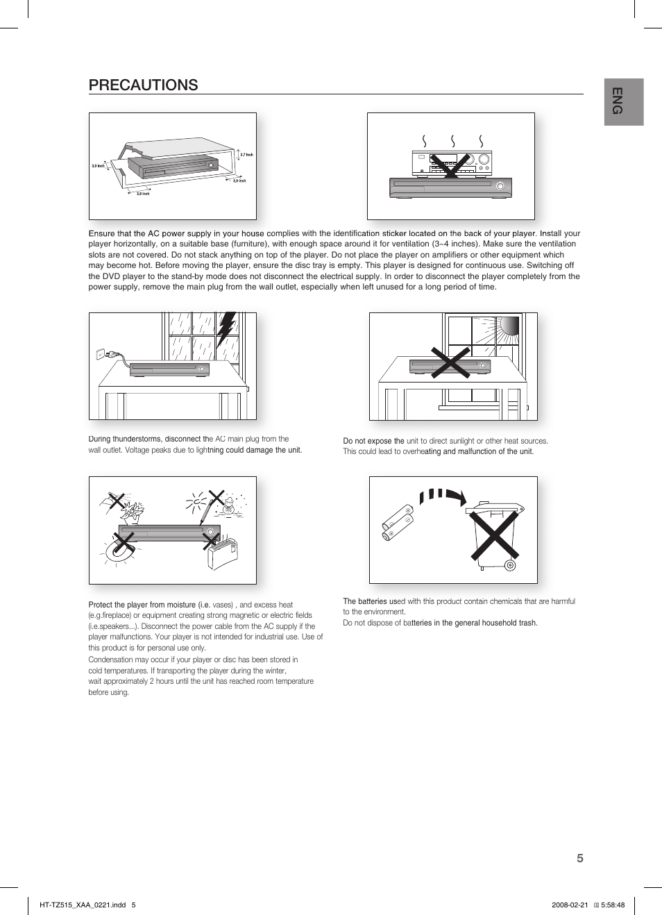 Precautions | Samsung HT-TZ515T-XAA User Manual | Page 6 / 78