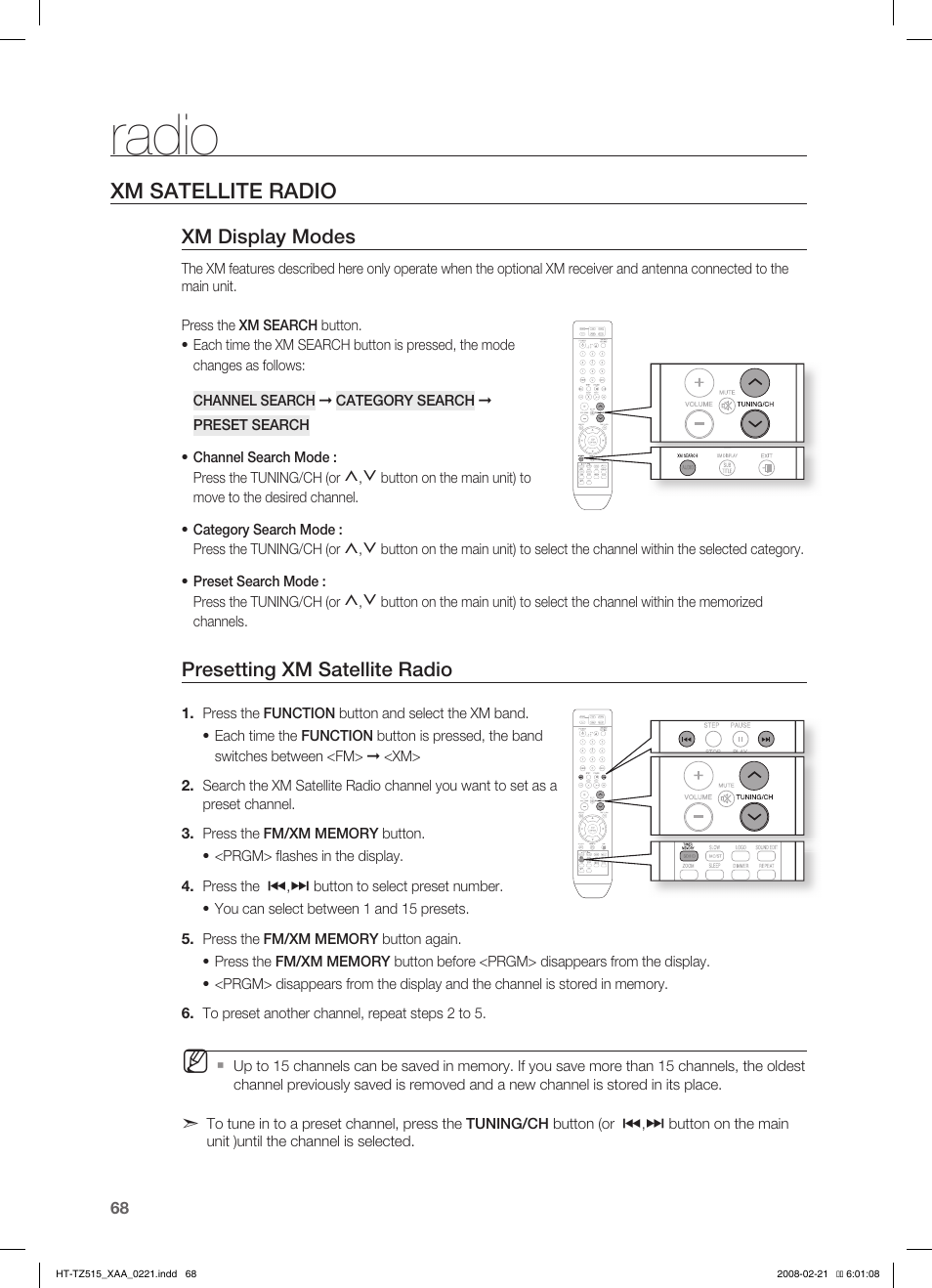 Xm satellite radio, Radio, Xm display modes | Presetting xm satellite radio | Samsung HT-TZ515T-XAA User Manual | Page 69 / 78