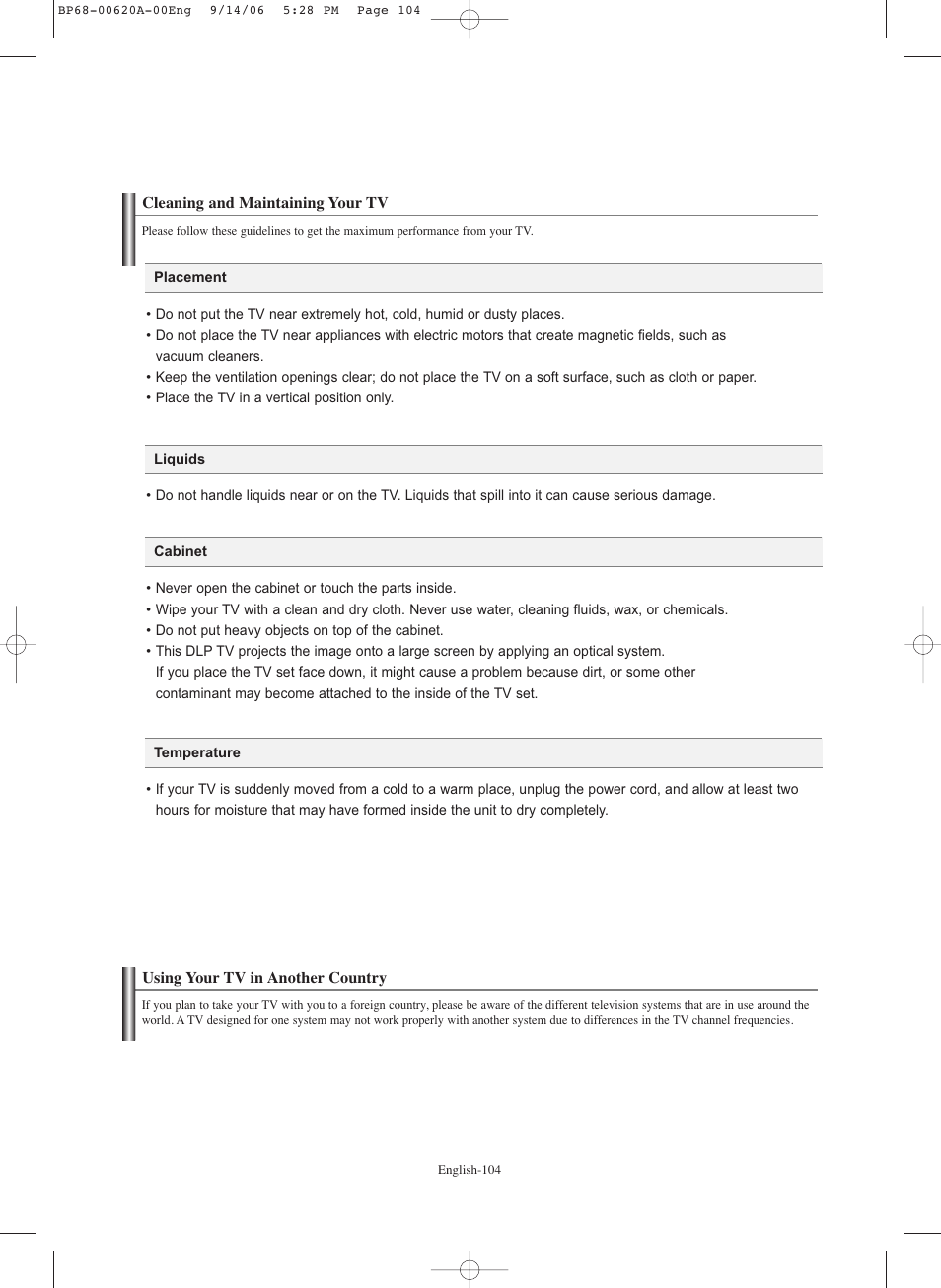 Cleaning and maintaining your tv, Using your tv in another country | Samsung HLS5686CX-XAA User Manual | Page 104 / 107