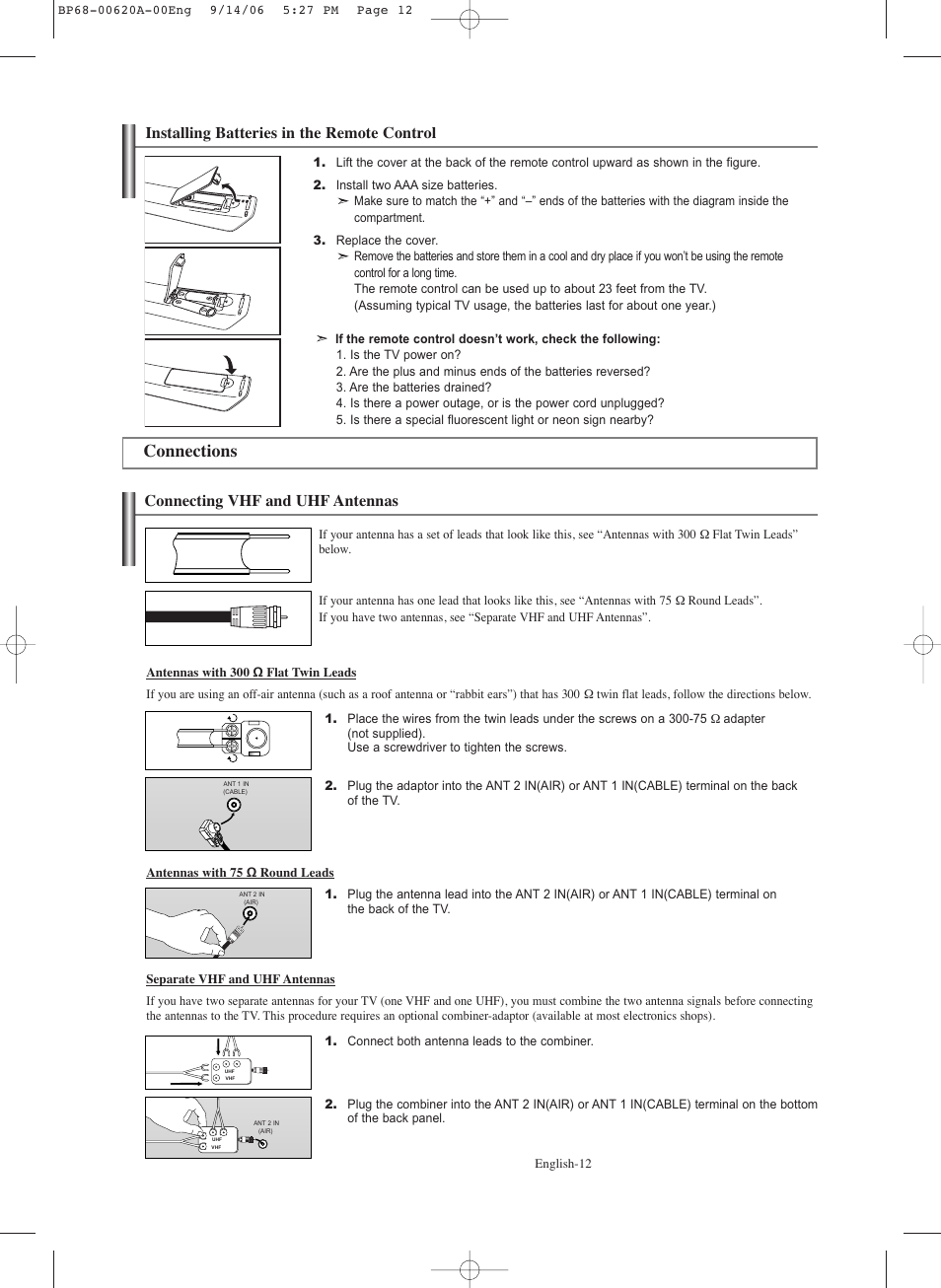 Installing batteries in the remote control, Connections, Connecting vhf and uhf antennas | Samsung HLS5686CX-XAA User Manual | Page 12 / 107