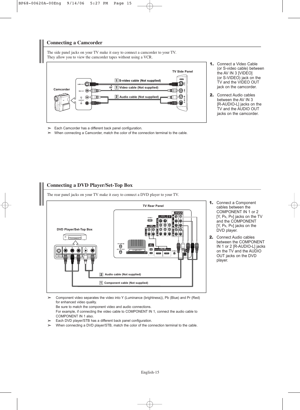 Connecting a camcorder, Connecting a dvd player/set-top box | Samsung HLS5686CX-XAA User Manual | Page 15 / 107