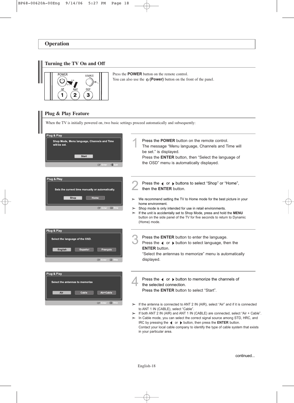 Operation, Turning the tv on and off, Plug & play feature | Samsung HLS5686CX-XAA User Manual | Page 18 / 107