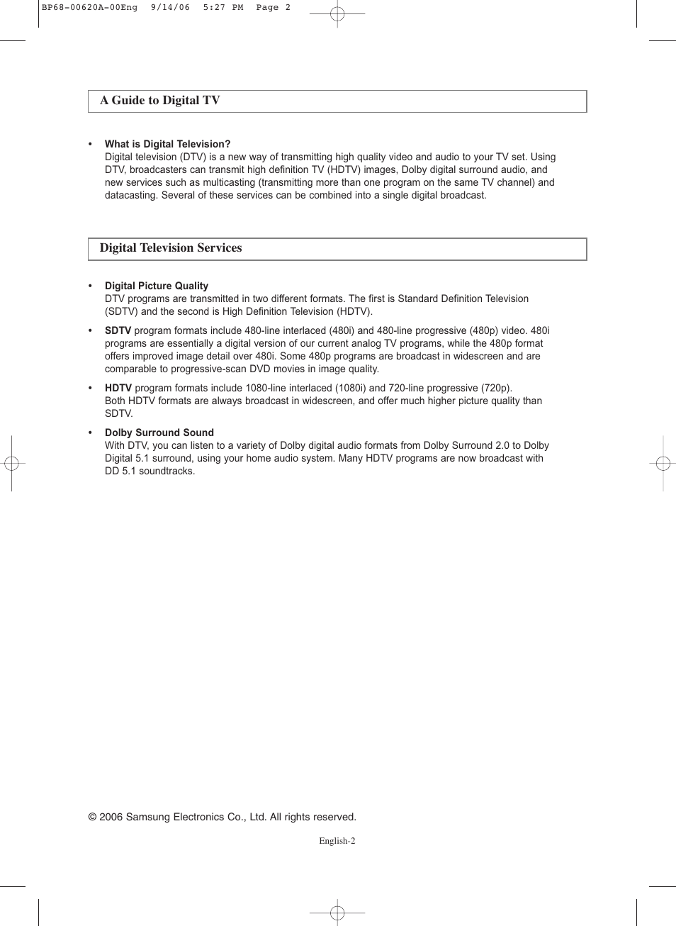 A guide to digital tv, Digital television services | Samsung HLS5686CX-XAA User Manual | Page 2 / 107