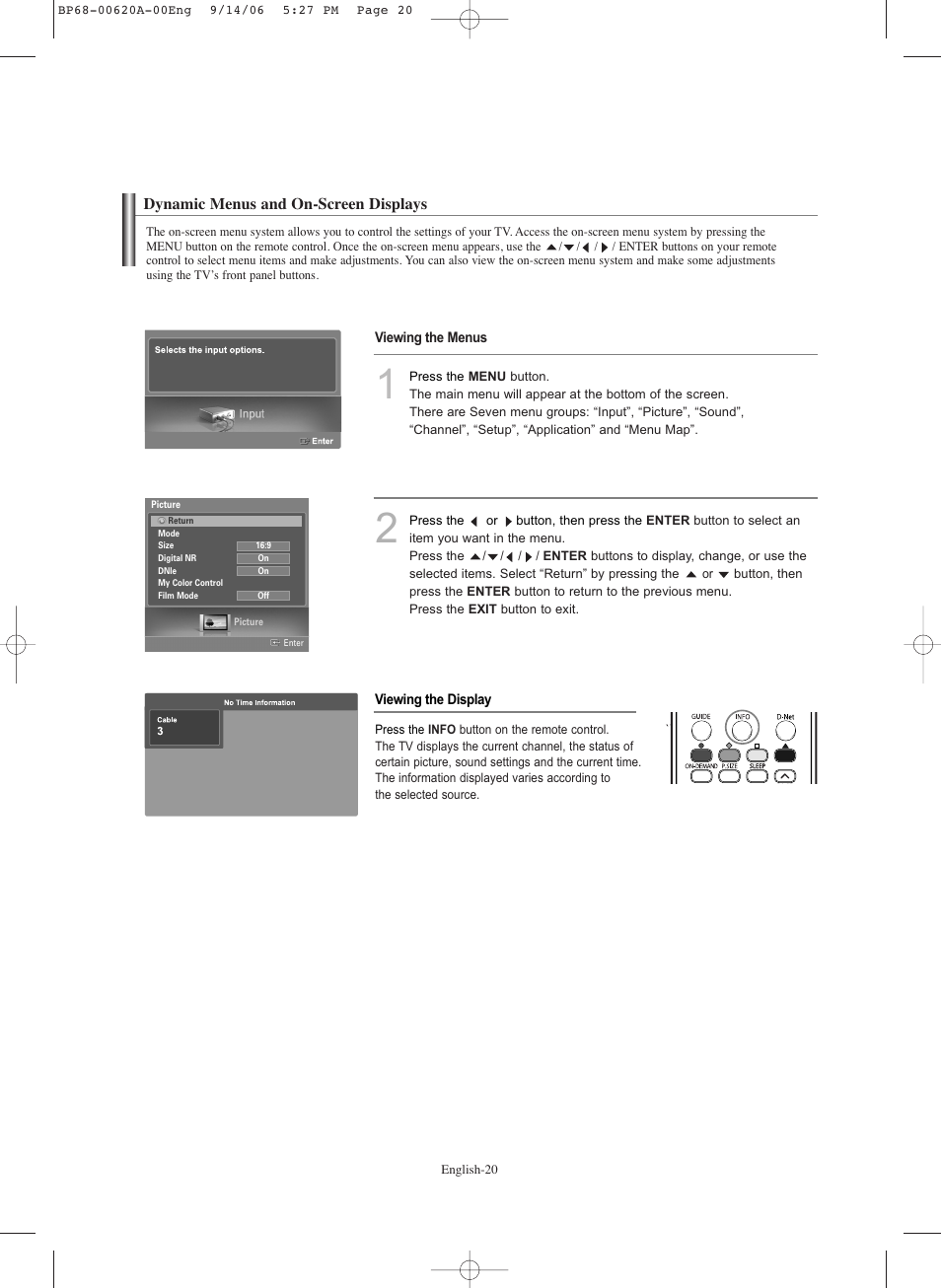 Dynamic menus and on-screen displays | Samsung HLS5686CX-XAA User Manual | Page 20 / 107