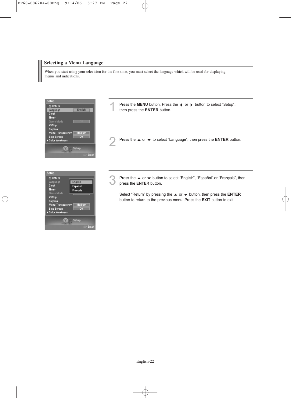 Selecting a menu language | Samsung HLS5686CX-XAA User Manual | Page 22 / 107