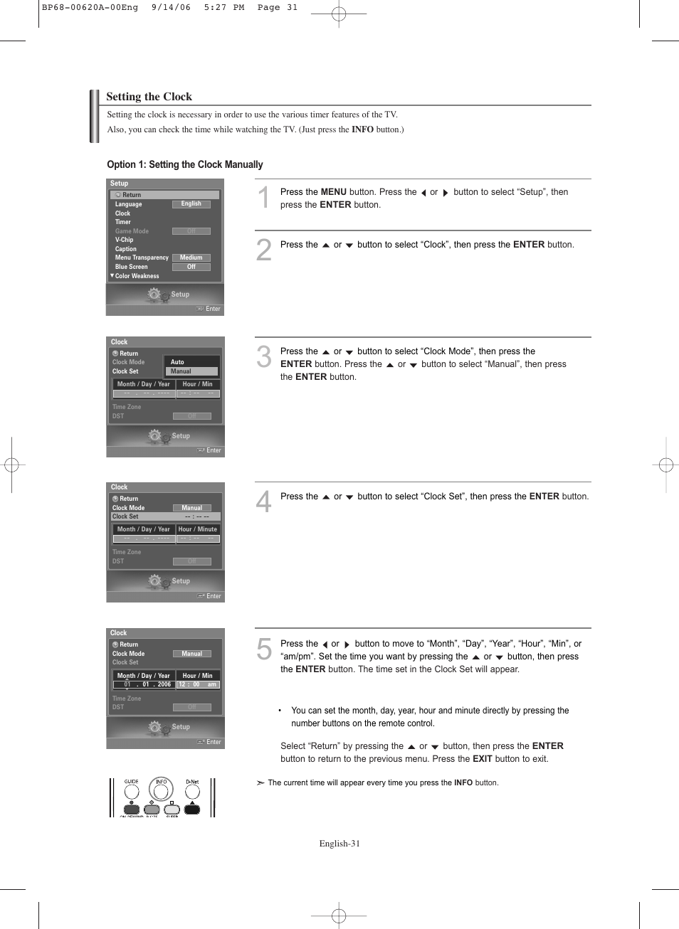 Setting the clock | Samsung HLS5686CX-XAA User Manual | Page 31 / 107