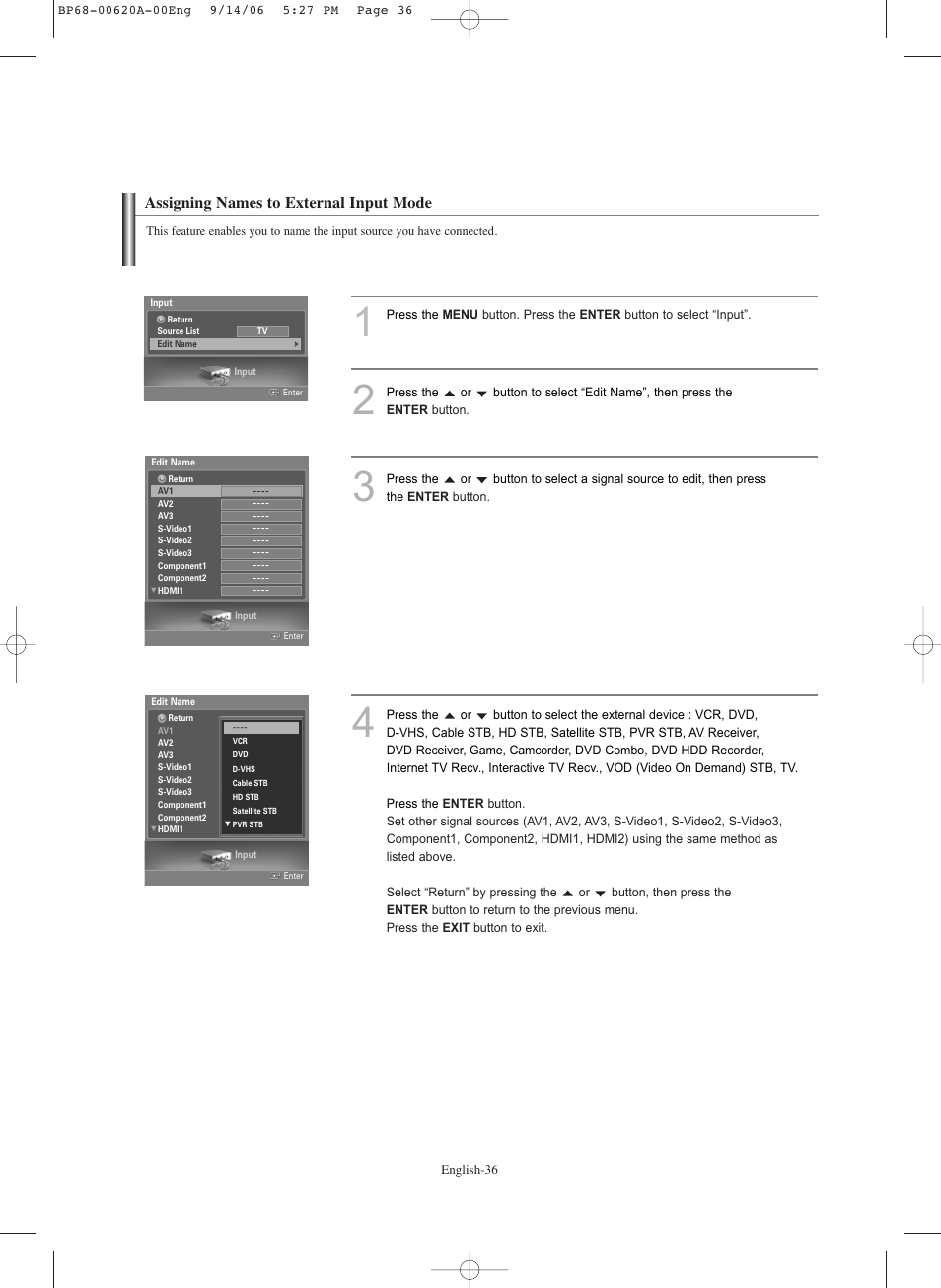 Assigning names to external input mode | Samsung HLS5686CX-XAA User Manual | Page 36 / 107