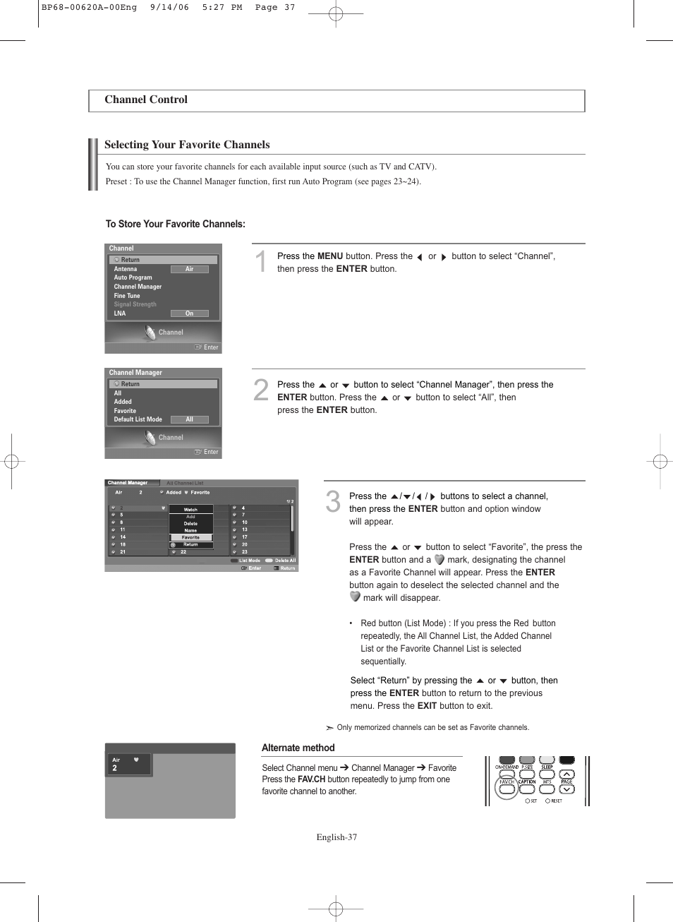 Channel control, Selecting your favorite channels | Samsung HLS5686CX-XAA User Manual | Page 37 / 107