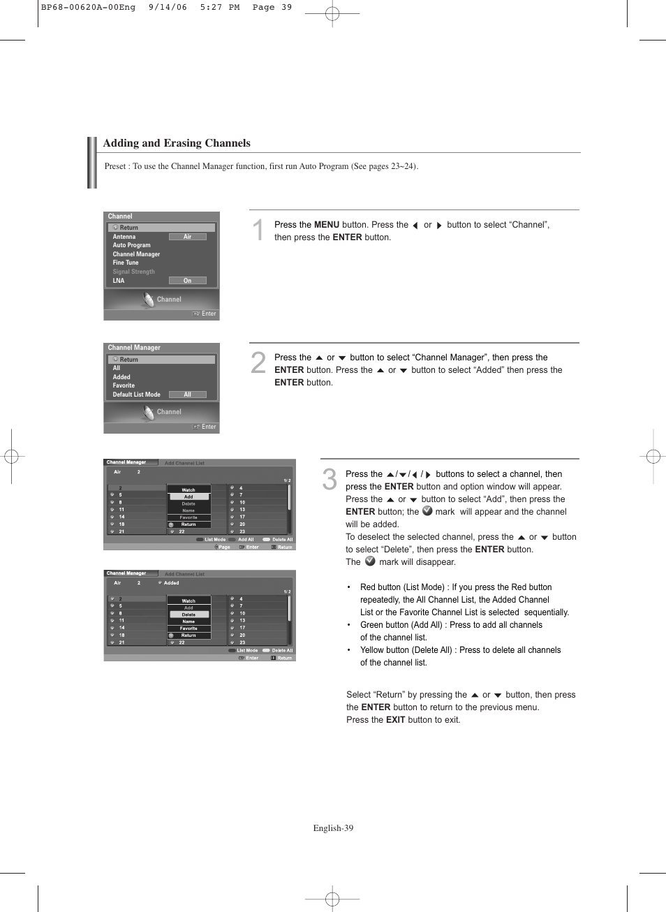 Adding and erasing channels | Samsung HLS5686CX-XAA User Manual | Page 39 / 107
