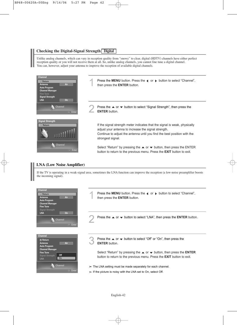 Checking the digital-signal strength-digital, Lna (low noise amplifier) | Samsung HLS5686CX-XAA User Manual | Page 42 / 107