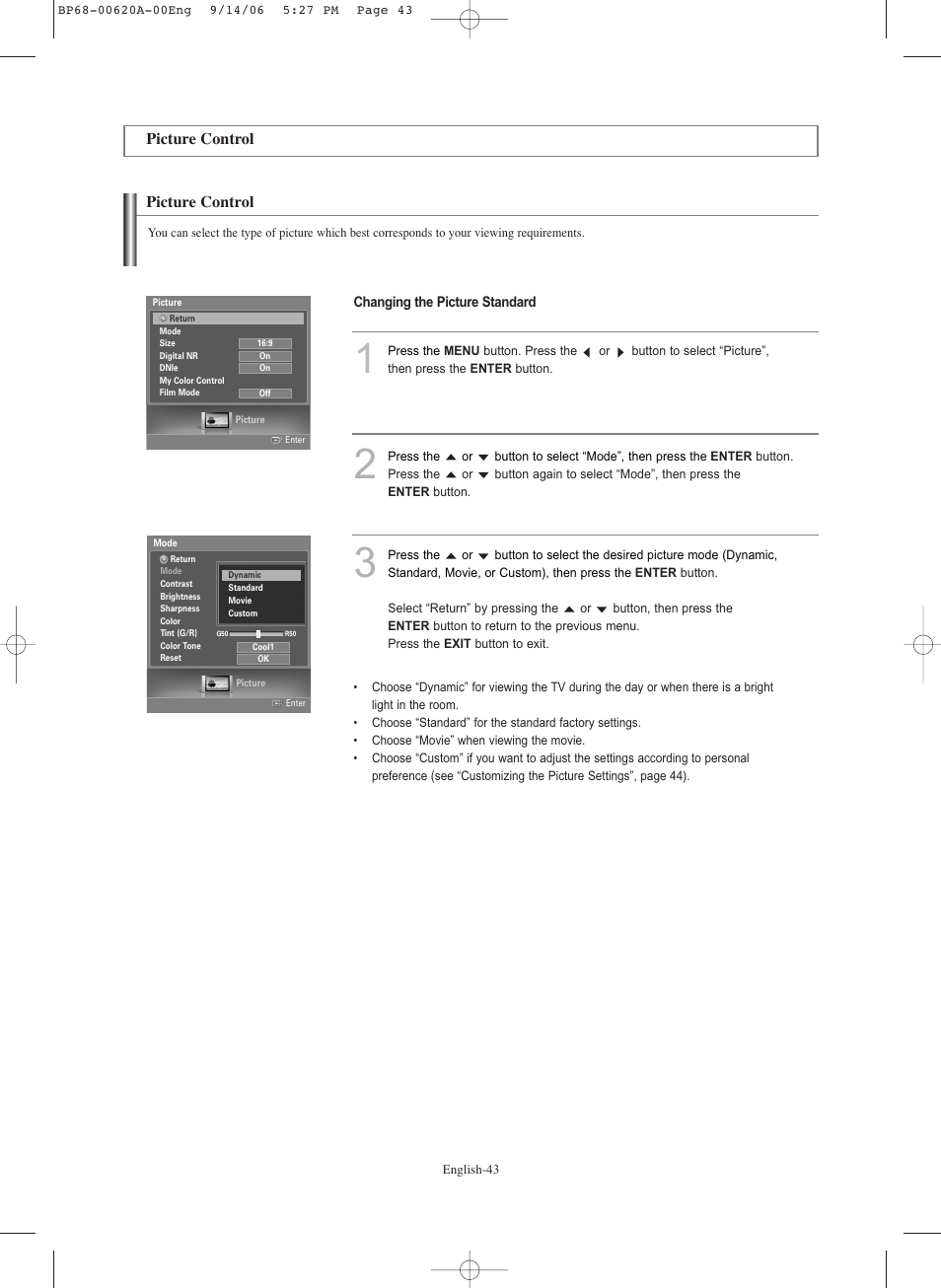 Picture control | Samsung HLS5686CX-XAA User Manual | Page 43 / 107