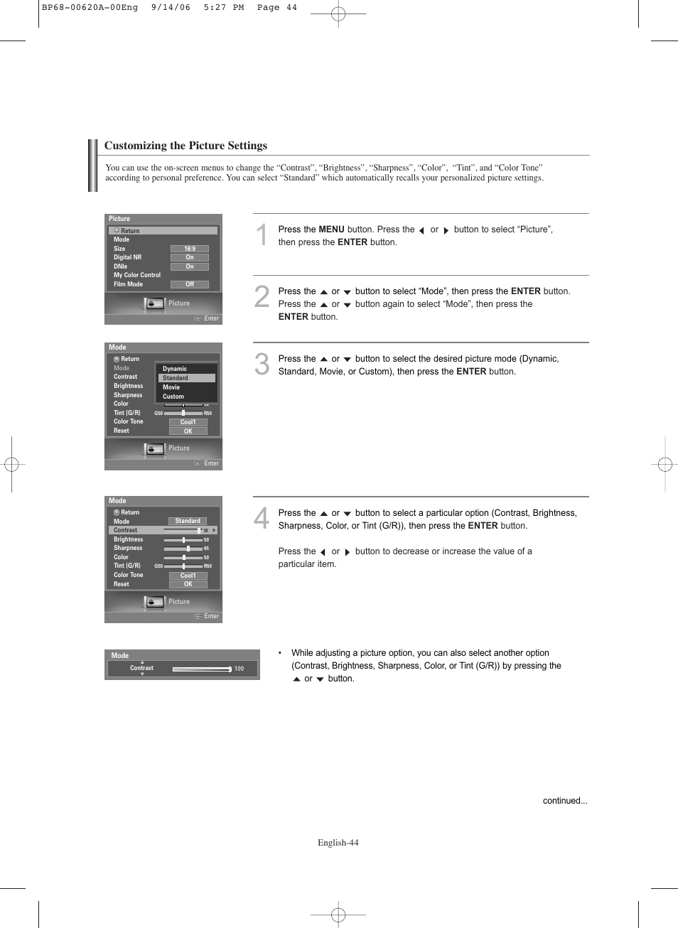 Customizing the picture settings | Samsung HLS5686CX-XAA User Manual | Page 44 / 107