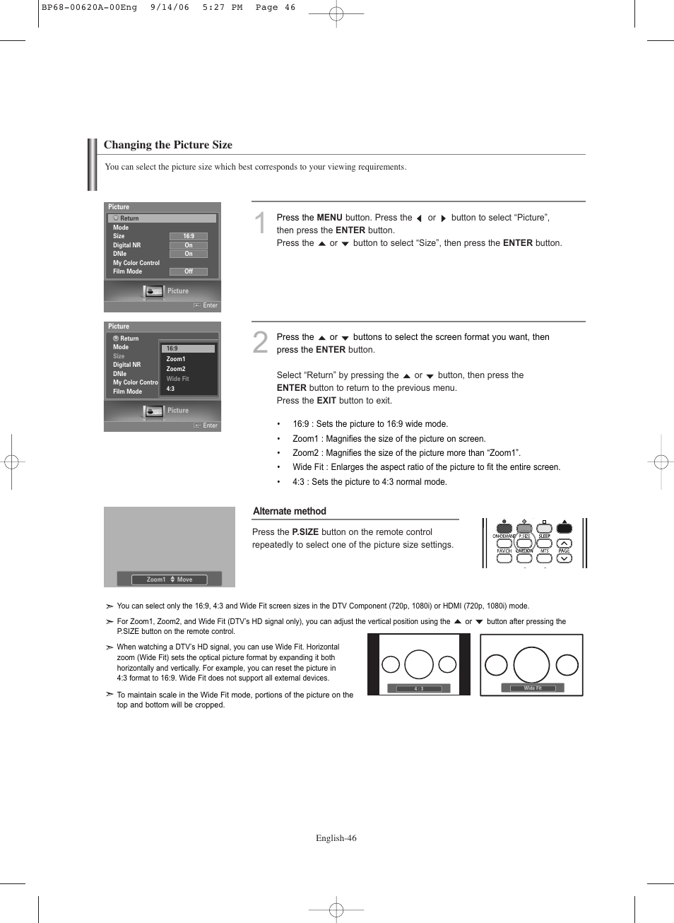 Changing the picture size | Samsung HLS5686CX-XAA User Manual | Page 46 / 107