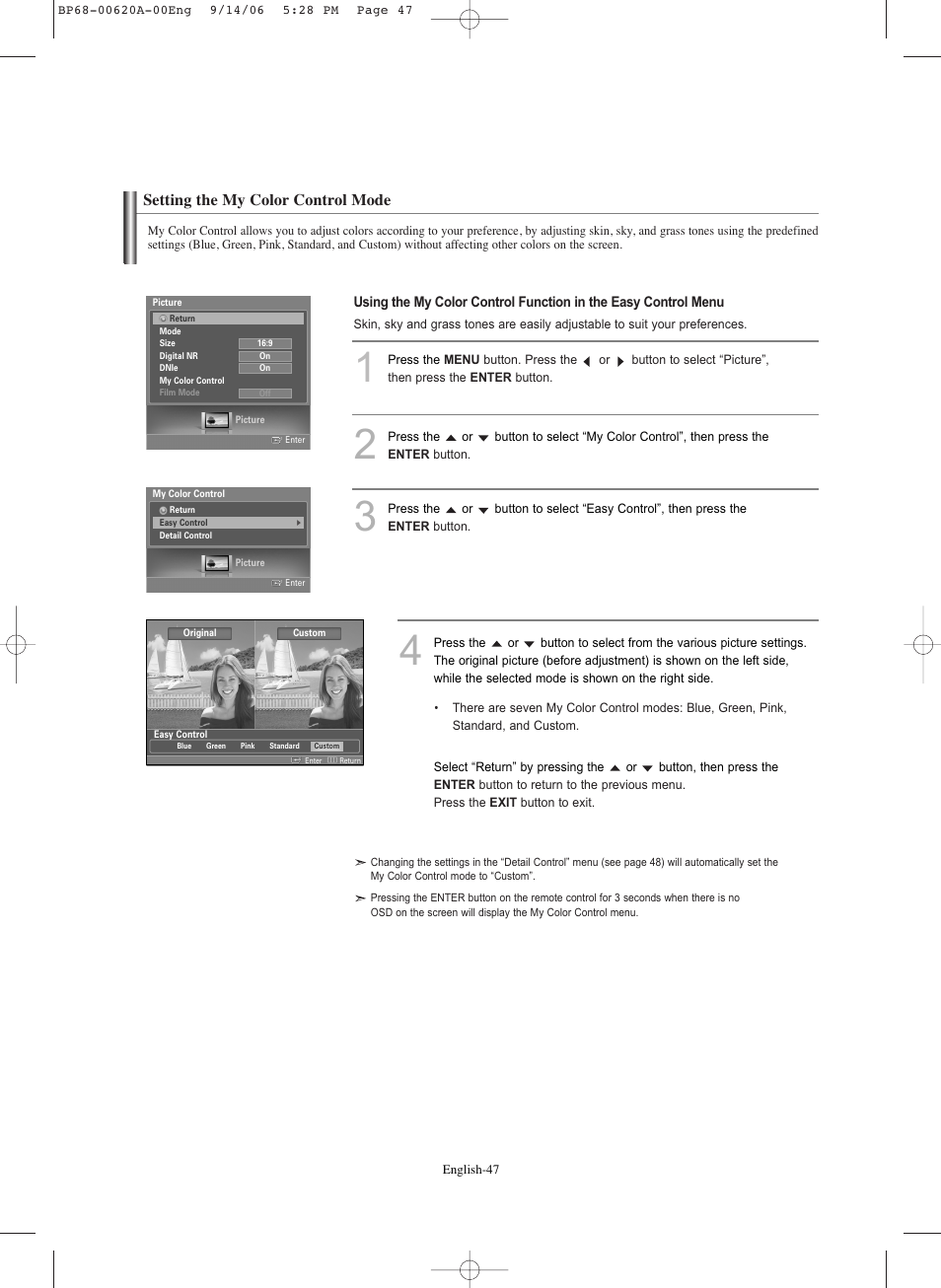 Setting the my color control mode | Samsung HLS5686CX-XAA User Manual | Page 47 / 107