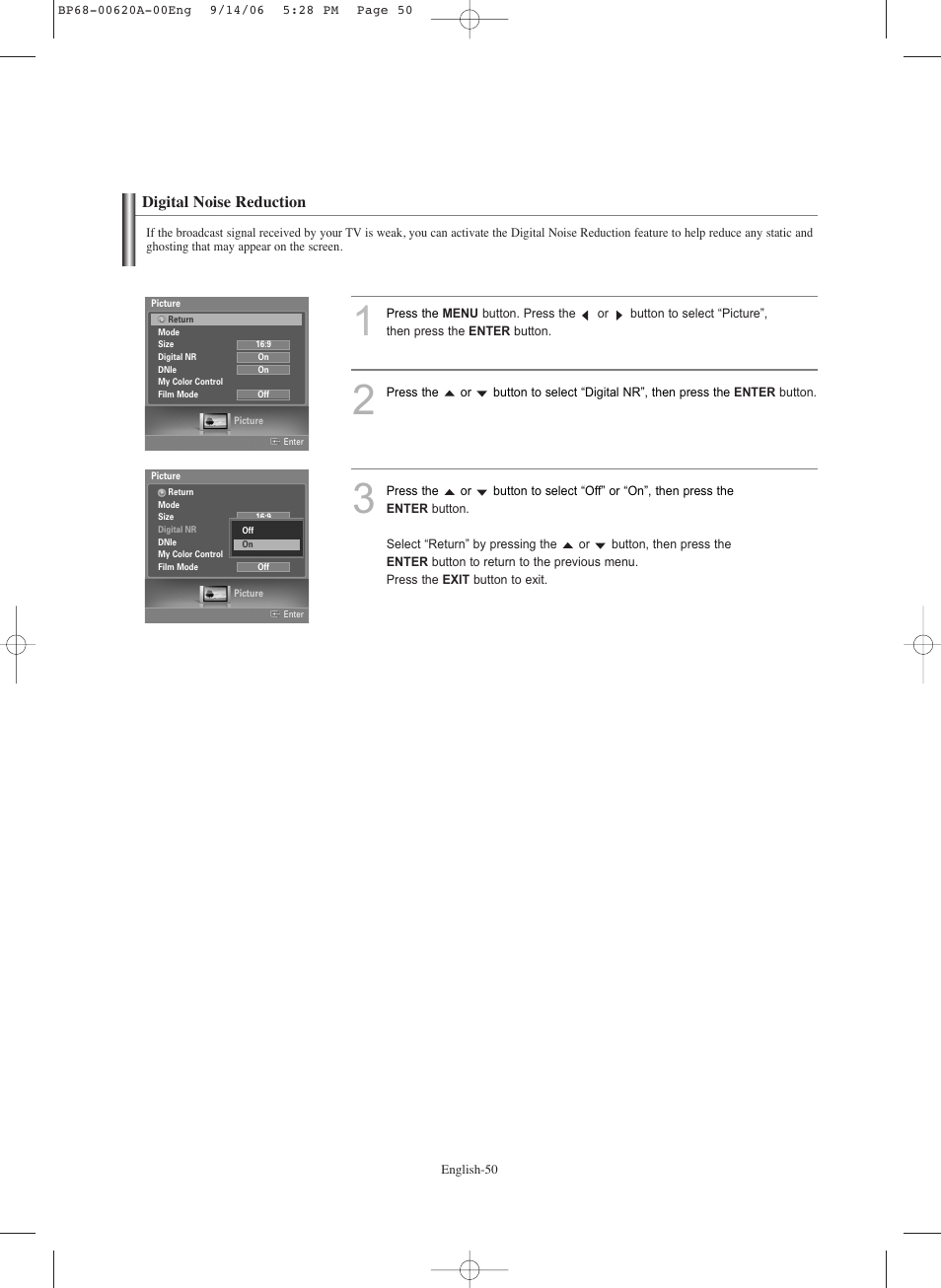 Digital noise reduction | Samsung HLS5686CX-XAA User Manual | Page 50 / 107