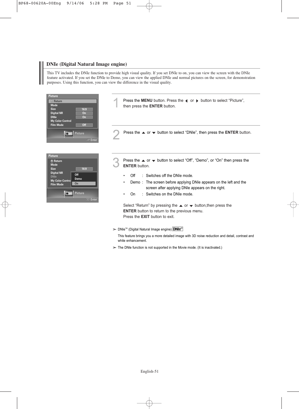 Dnie (digital natural image engine) | Samsung HLS5686CX-XAA User Manual | Page 51 / 107