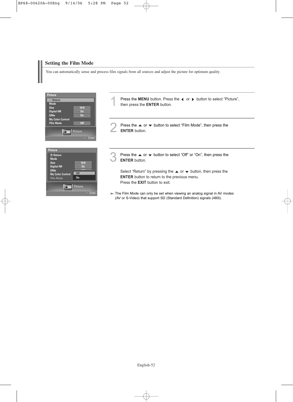 Setting the film mode | Samsung HLS5686CX-XAA User Manual | Page 52 / 107