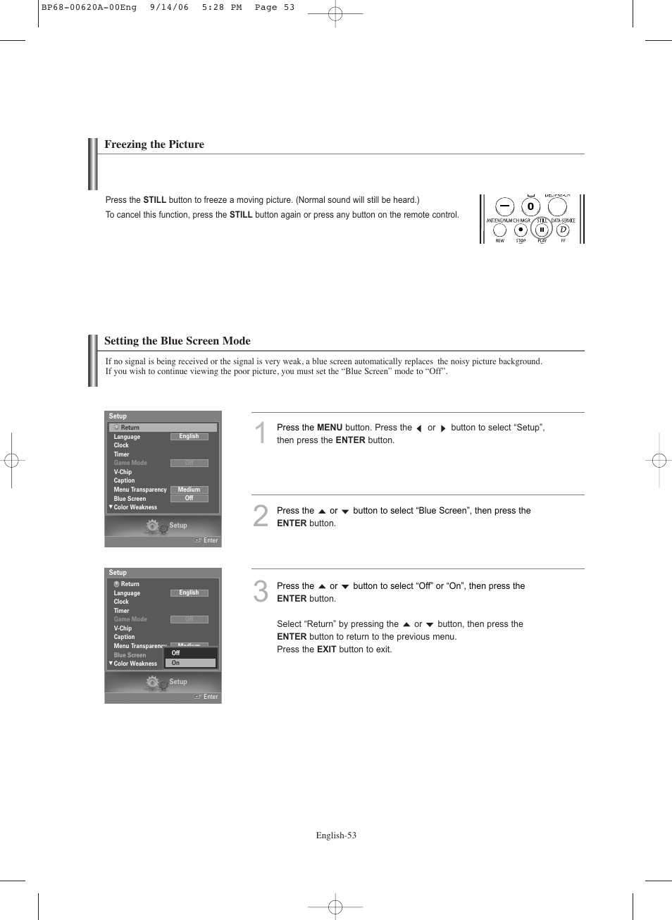 Freezing the picture, Setting the blue screen mode | Samsung HLS5686CX-XAA User Manual | Page 53 / 107