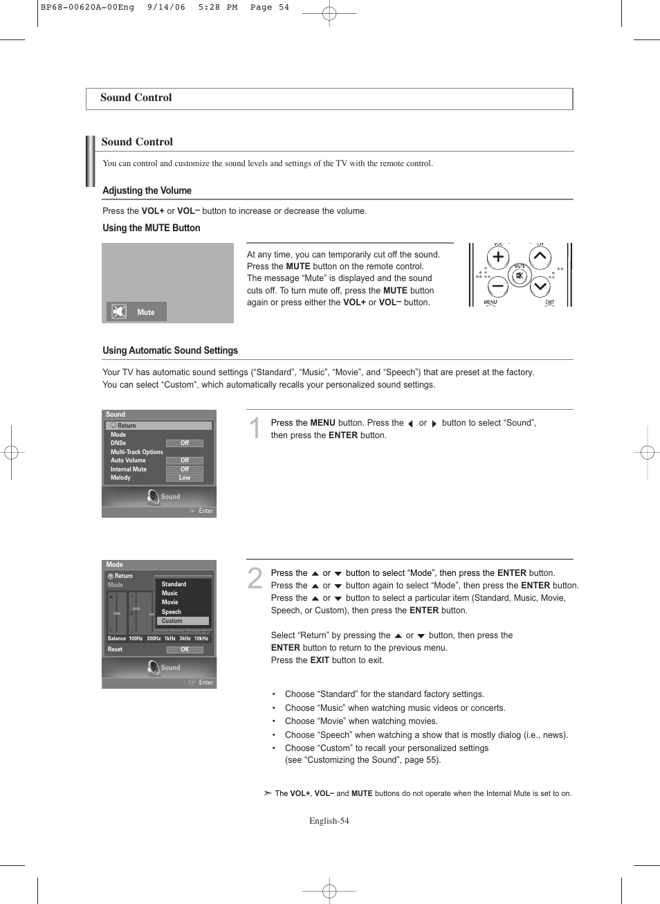 Sound control | Samsung HLS5686CX-XAA User Manual | Page 54 / 107