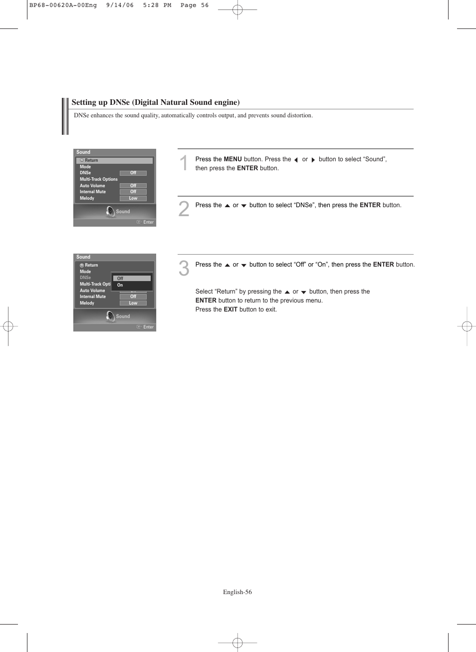 Setting up dnse (digital natural sound engine) | Samsung HLS5686CX-XAA User Manual | Page 56 / 107