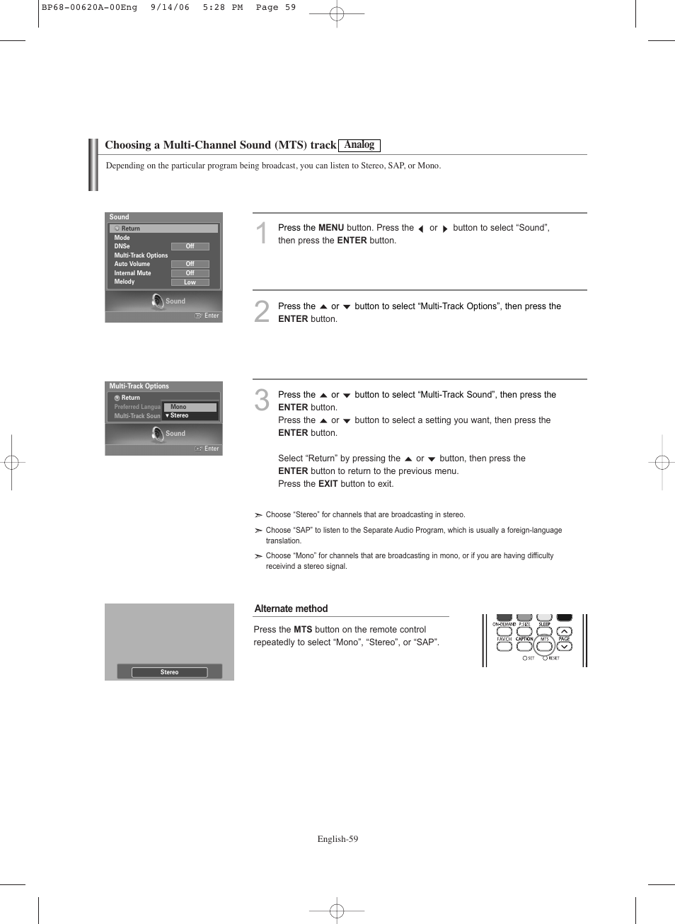 Choosing a multi-channel sound (mts) track-analog | Samsung HLS5686CX-XAA User Manual | Page 59 / 107