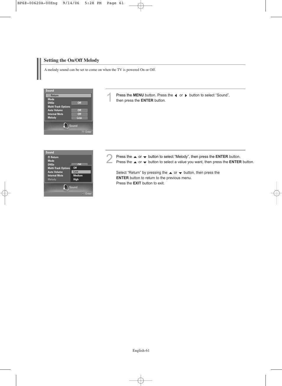 Setting the on/off melody | Samsung HLS5686CX-XAA User Manual | Page 61 / 107