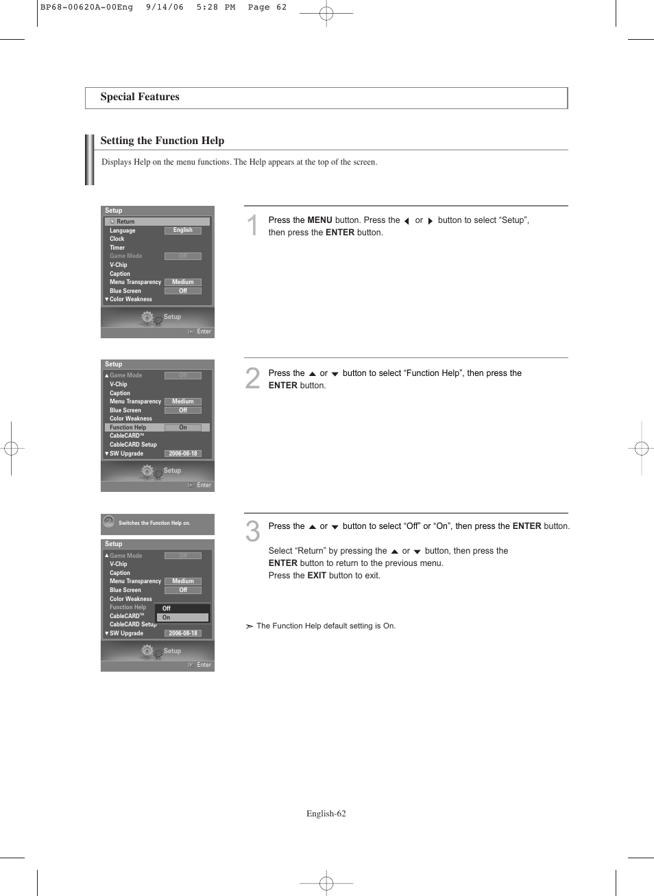 Special features, Setting the function help | Samsung HLS5686CX-XAA User Manual | Page 62 / 107