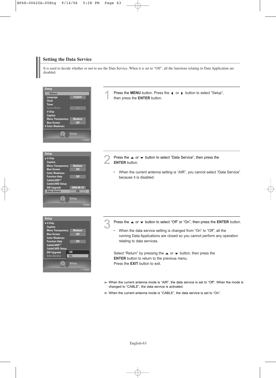 Setting the data service | Samsung HLS5686CX-XAA User Manual | Page 63 / 107