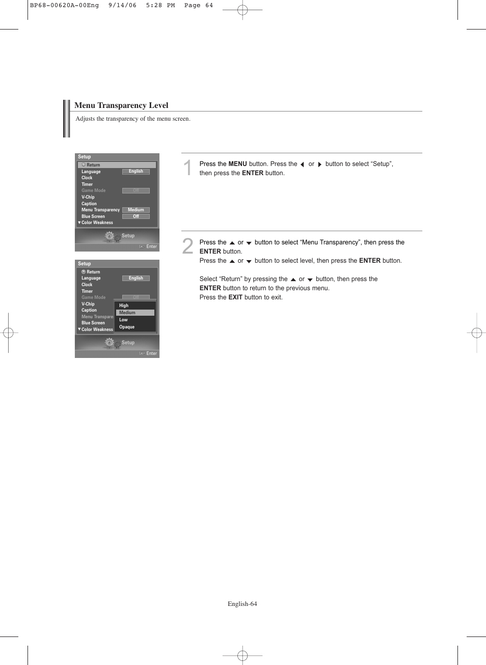 Menu transparency level | Samsung HLS5686CX-XAA User Manual | Page 64 / 107