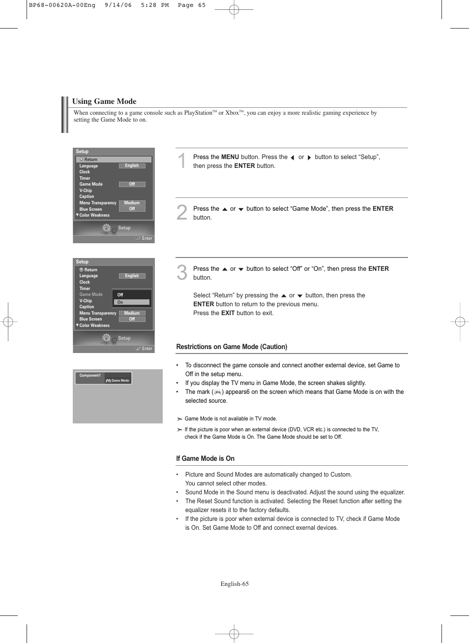 Using game mode | Samsung HLS5686CX-XAA User Manual | Page 65 / 107