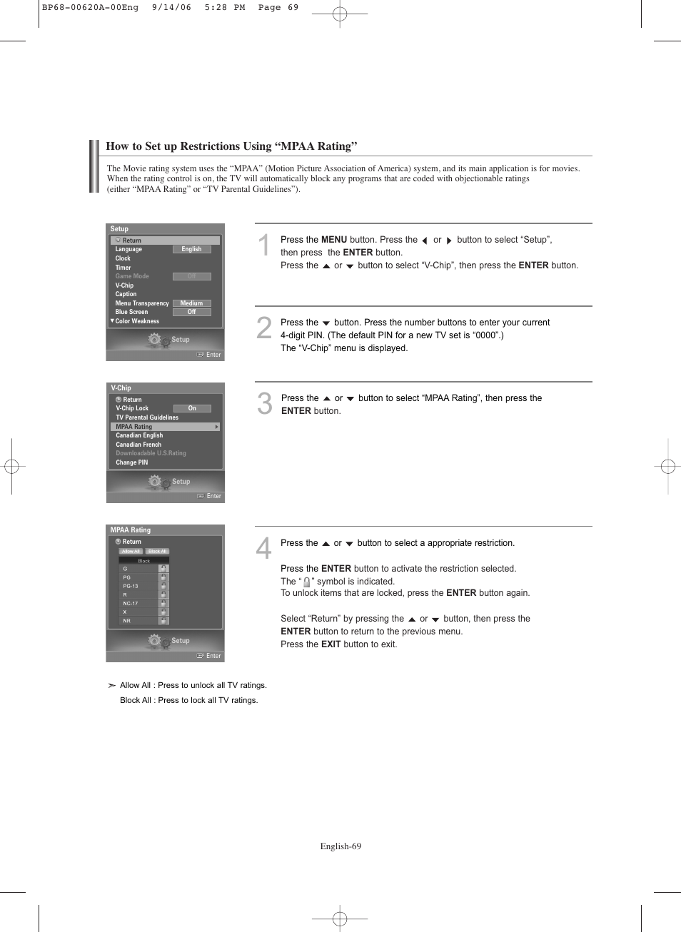 How to set up restrictions using “mpaa rating | Samsung HLS5686CX-XAA User Manual | Page 69 / 107