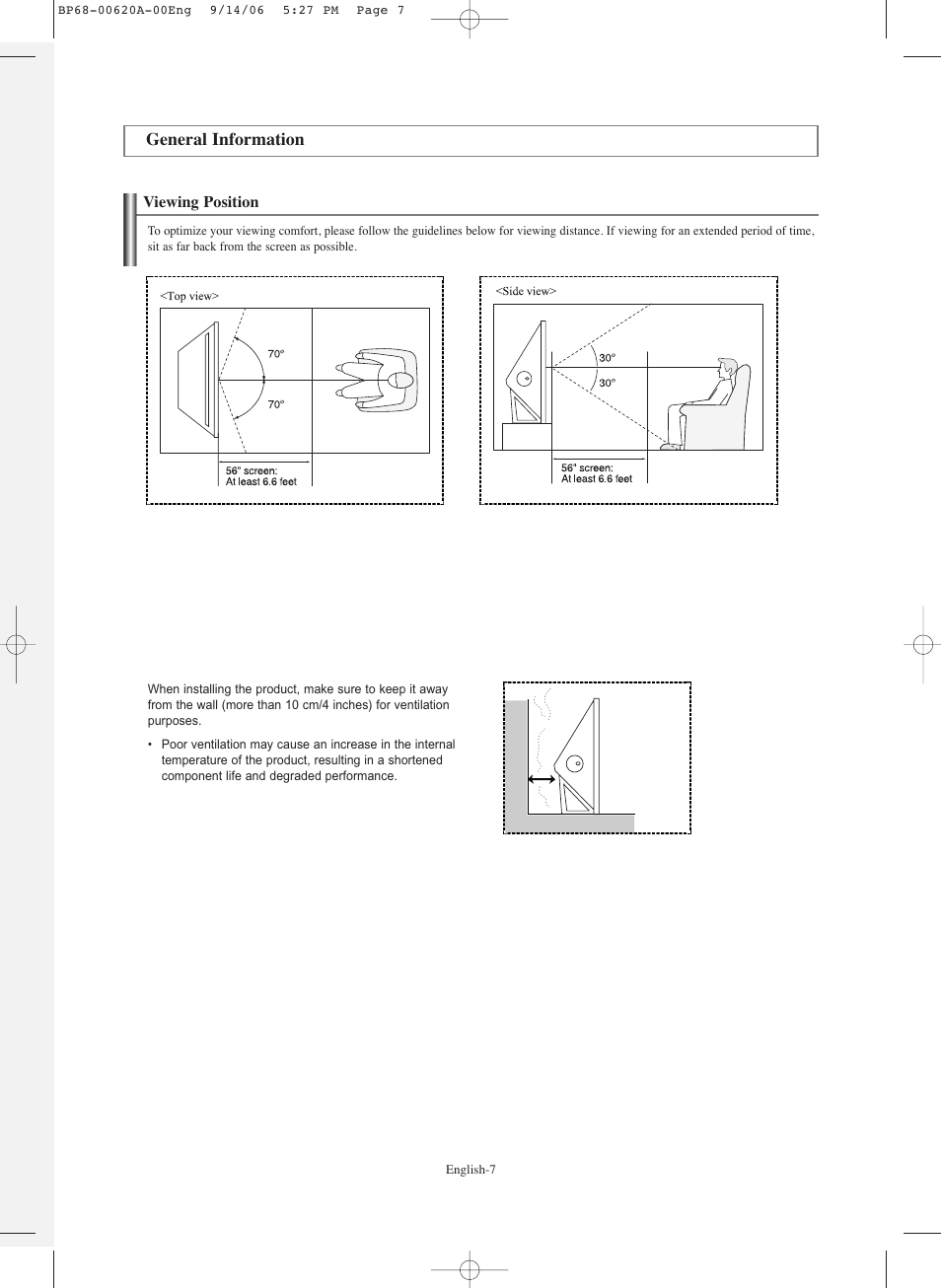 General information, Viewing position | Samsung HLS5686CX-XAA User Manual | Page 7 / 107