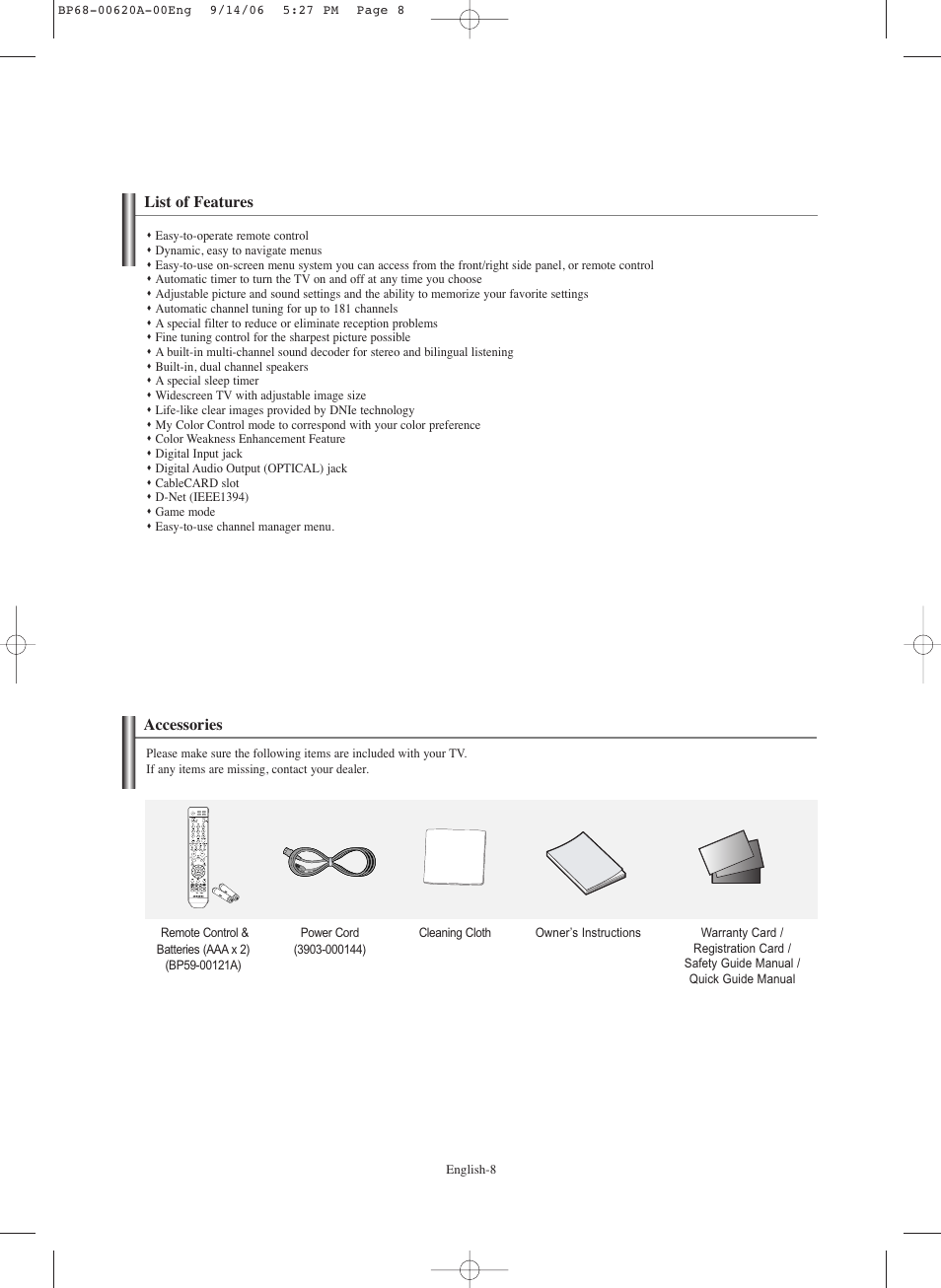 List of features, Accessories | Samsung HLS5686CX-XAA User Manual | Page 8 / 107