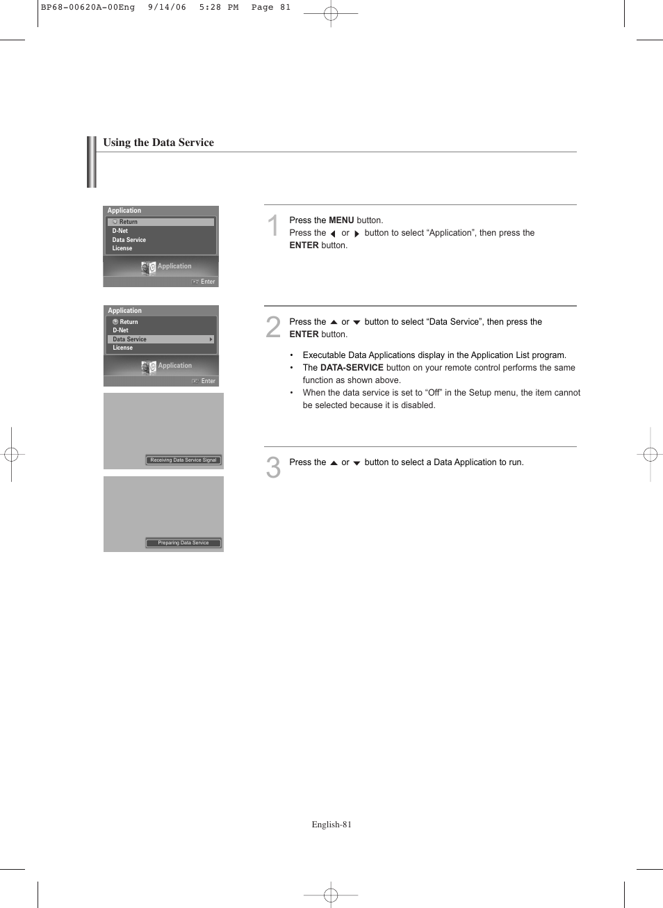 Using the data service | Samsung HLS5686CX-XAA User Manual | Page 81 / 107