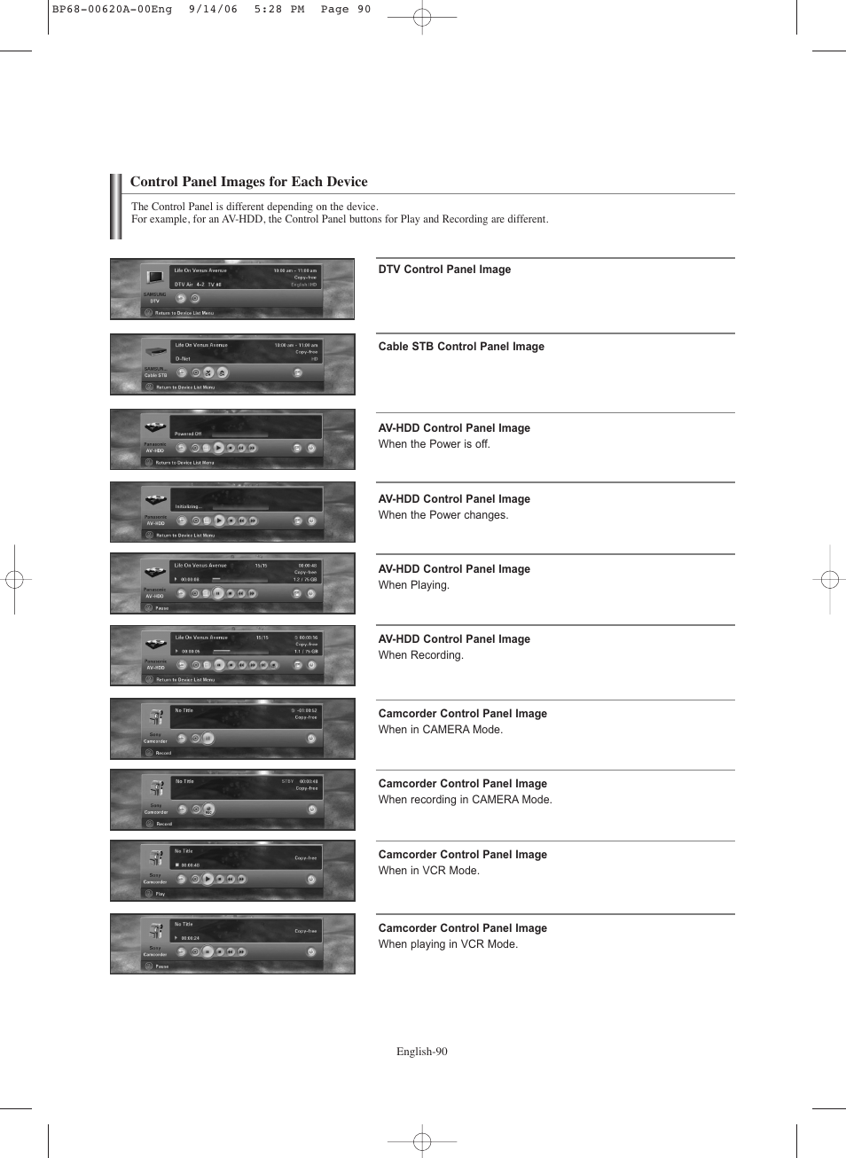 Control panel images for each device | Samsung HLS5686CX-XAA User Manual | Page 90 / 107