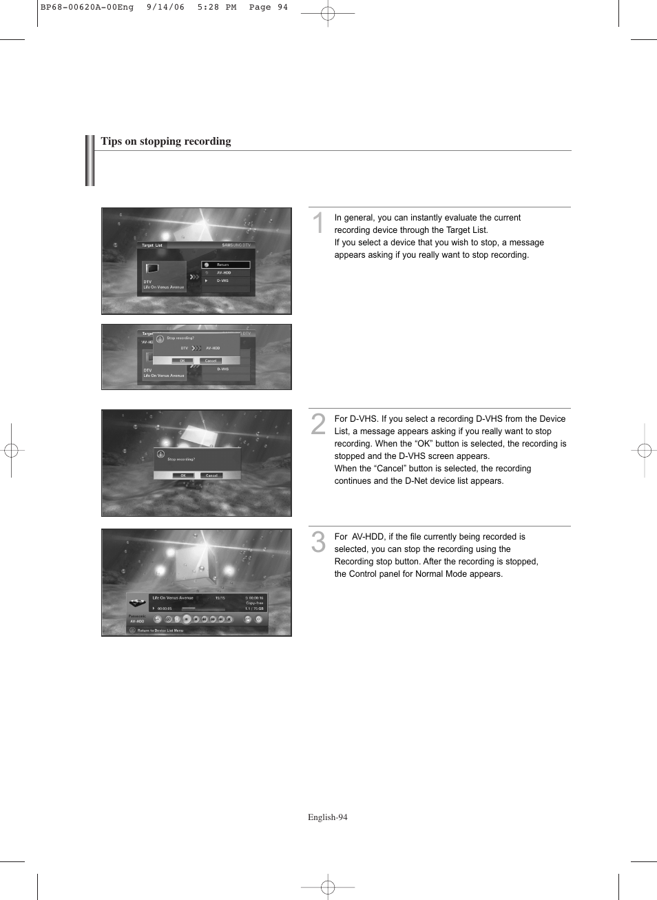 Tips on stopping recording | Samsung HLS5686CX-XAA User Manual | Page 94 / 107