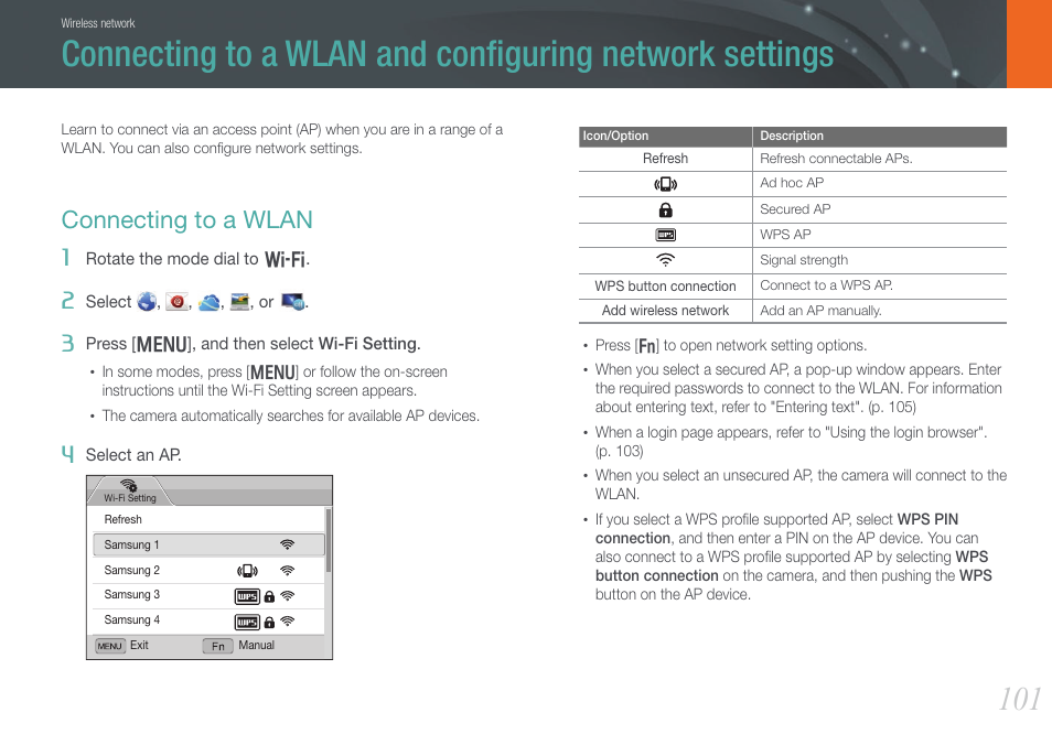 Connecting to a wlan | Samsung EV-NX210ZBSBUS User Manual | Page 102 / 183