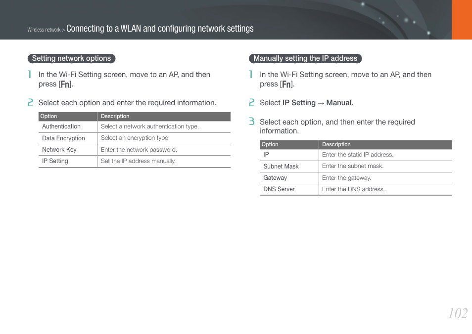 Setting network options, Manually setting the ip address | Samsung EV-NX210ZBSBUS User Manual | Page 103 / 183